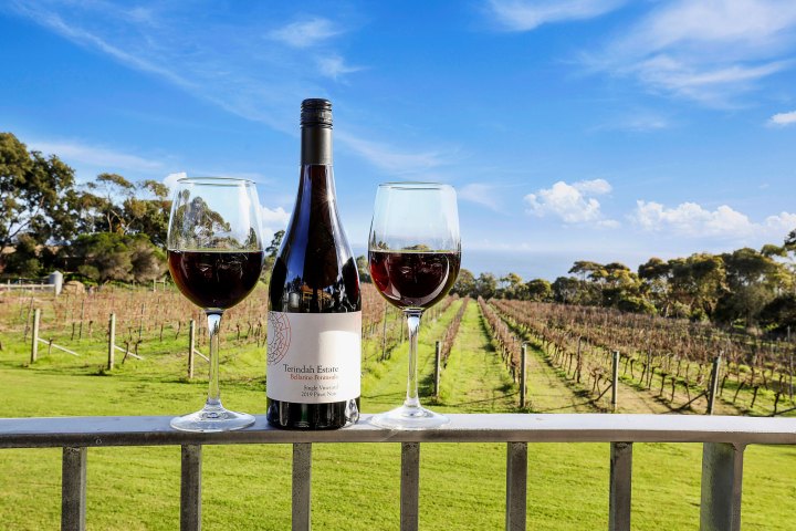 a glass of wine sitting on top of a wooden fence