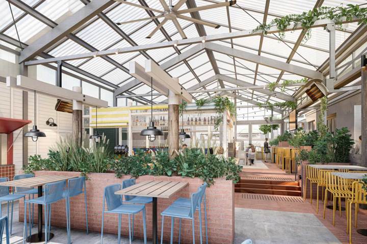 a dining room table in front of a building