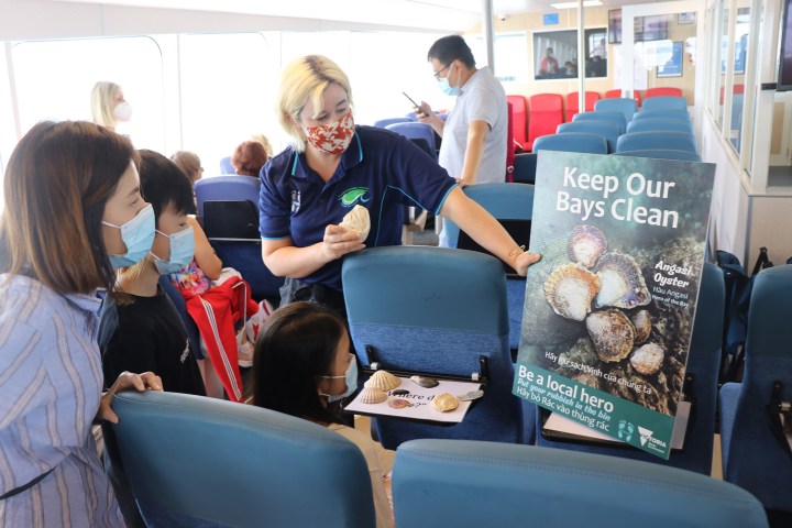 a group of people sitting at a table with a cake