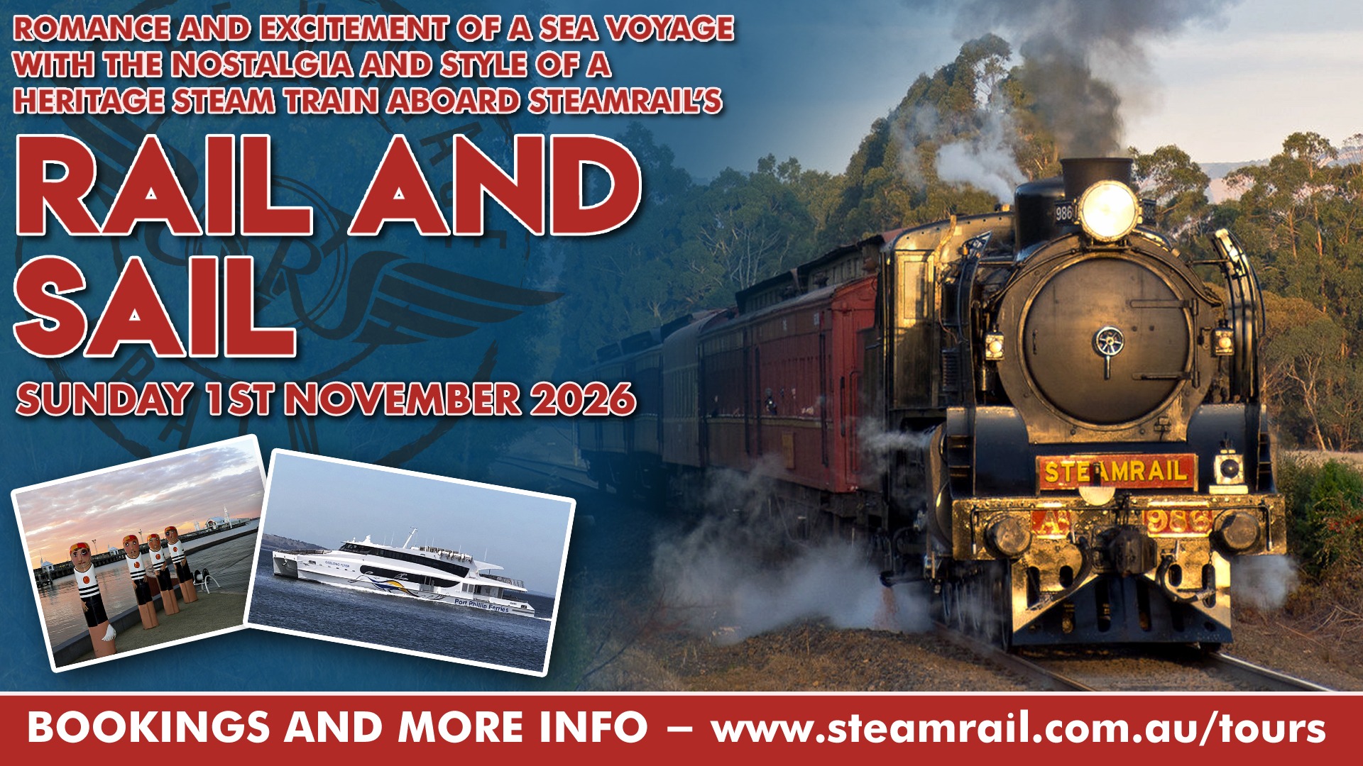 Steam train promoting 'Rail and Sail' tour on November 1, 2026, with scenic photos and website info.