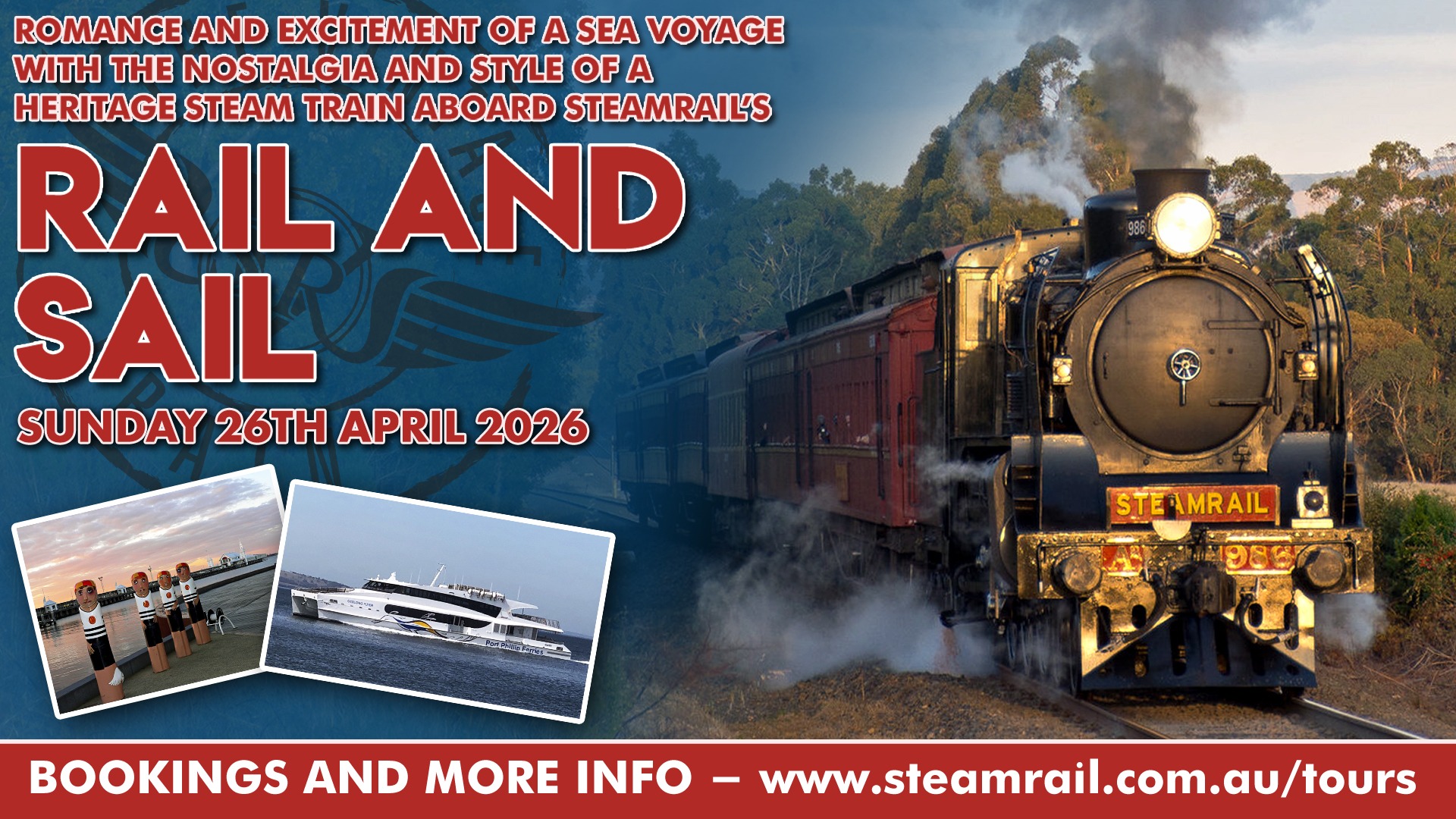 Steam train traveling through forest with text promoting 'Rail and Sail' event on April 26, 2026.