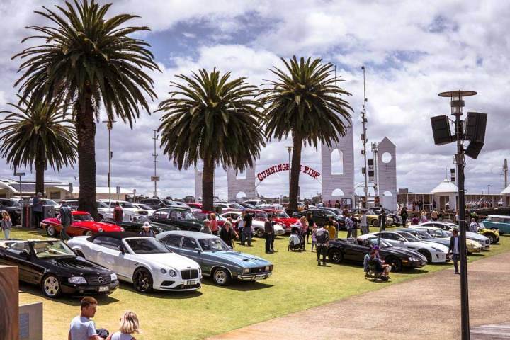 a group of people standing next to a palm tree in a parking lot