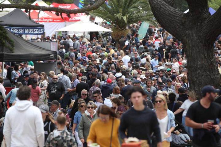 Crowd at an outdoor market with various stalls and a large tree overhead.