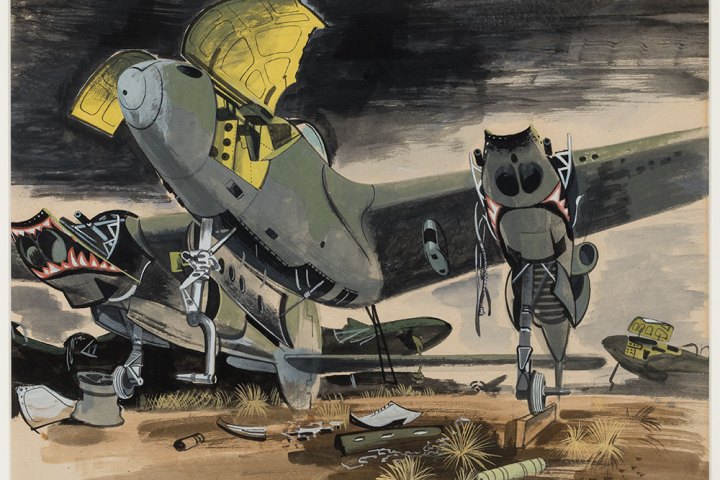 Jets with open panels on a field under a dark sky, surrounded by scattered tools.