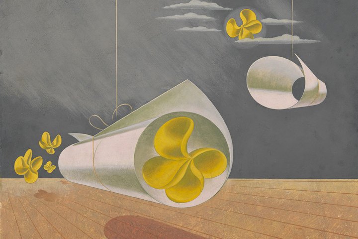 Abstract shapes with yellow and white forms on a wooden surface, against a gray background.