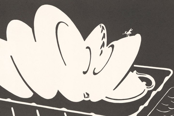Abstract shapes with a small figure on a dark background.