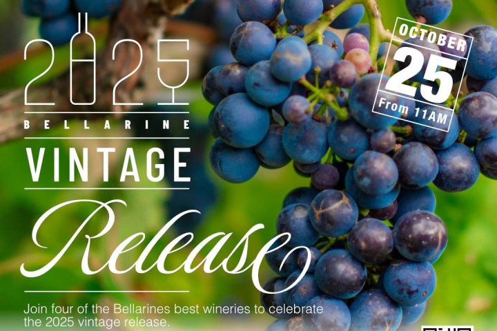 Grapes with text: Bellarine 2025 Vintage Release, October 25 from 11 AM.
