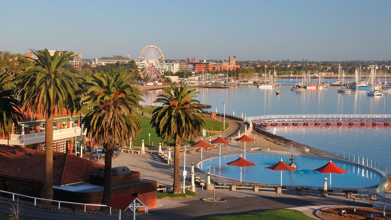 a group of palm trees with buildings in the background