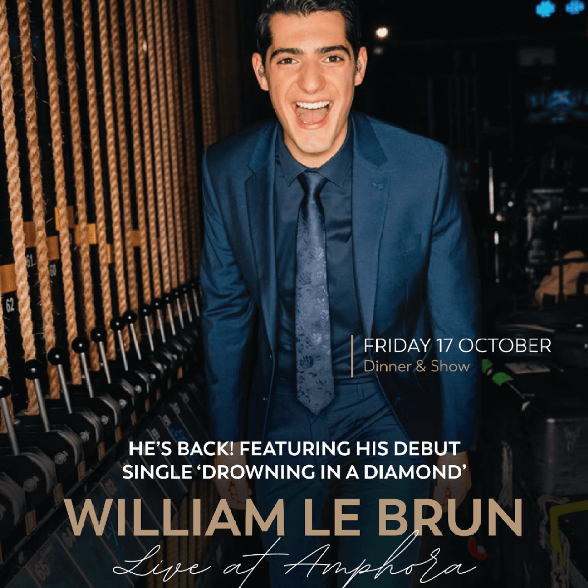 Smiling man in a blue suit with event details for a show on October 17 featuring William Le Brun.