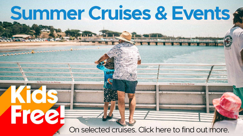 Man and child on boat deck with 'Summer Cruises & Events' and 'Kids Free' text.