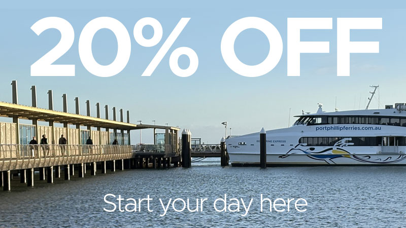 Ferry at pier with '20% OFF' and 'Start your day here' text overlaid.