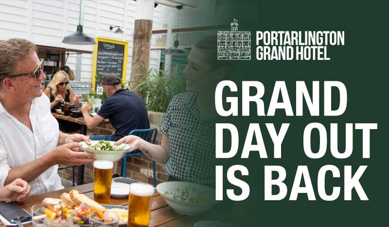 People dining outdoors with text: 'Portarlington Grand Hotel, Grand Day Out is Back.'