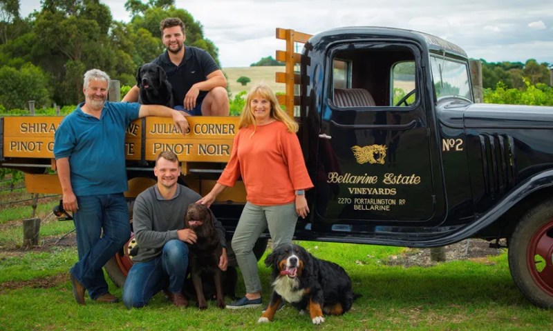 Family with dogs posing next to an old vineyard truck in a green field.