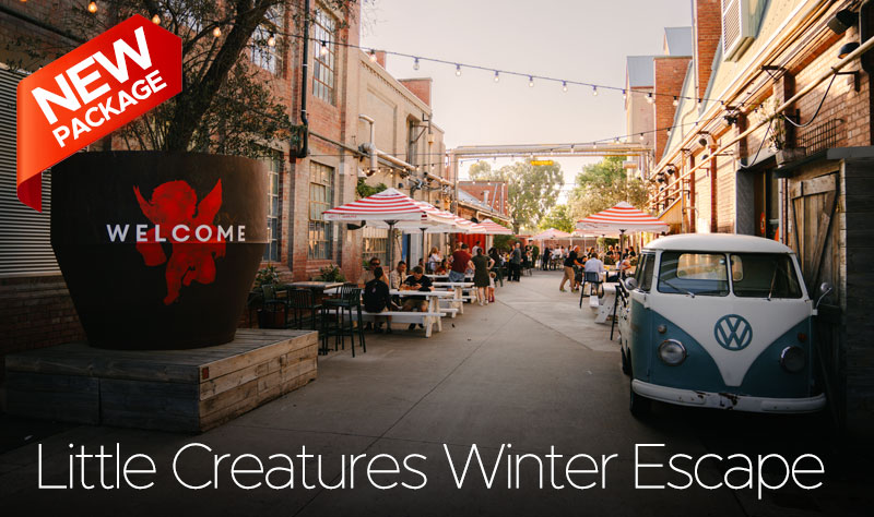 Outdoor dining area with tables, string lights, VW van, and 'Little Creatures Winter Escape' text.