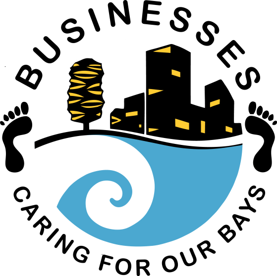 Buildings, tree, wave, and feet logo with 'Businesses Caring for Our Bays' text.