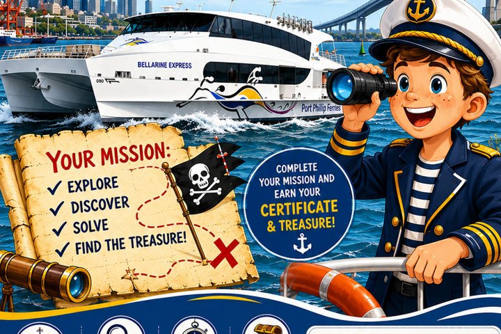 Cartoon sailor boy with cruise ship and treasure map themed mission list.