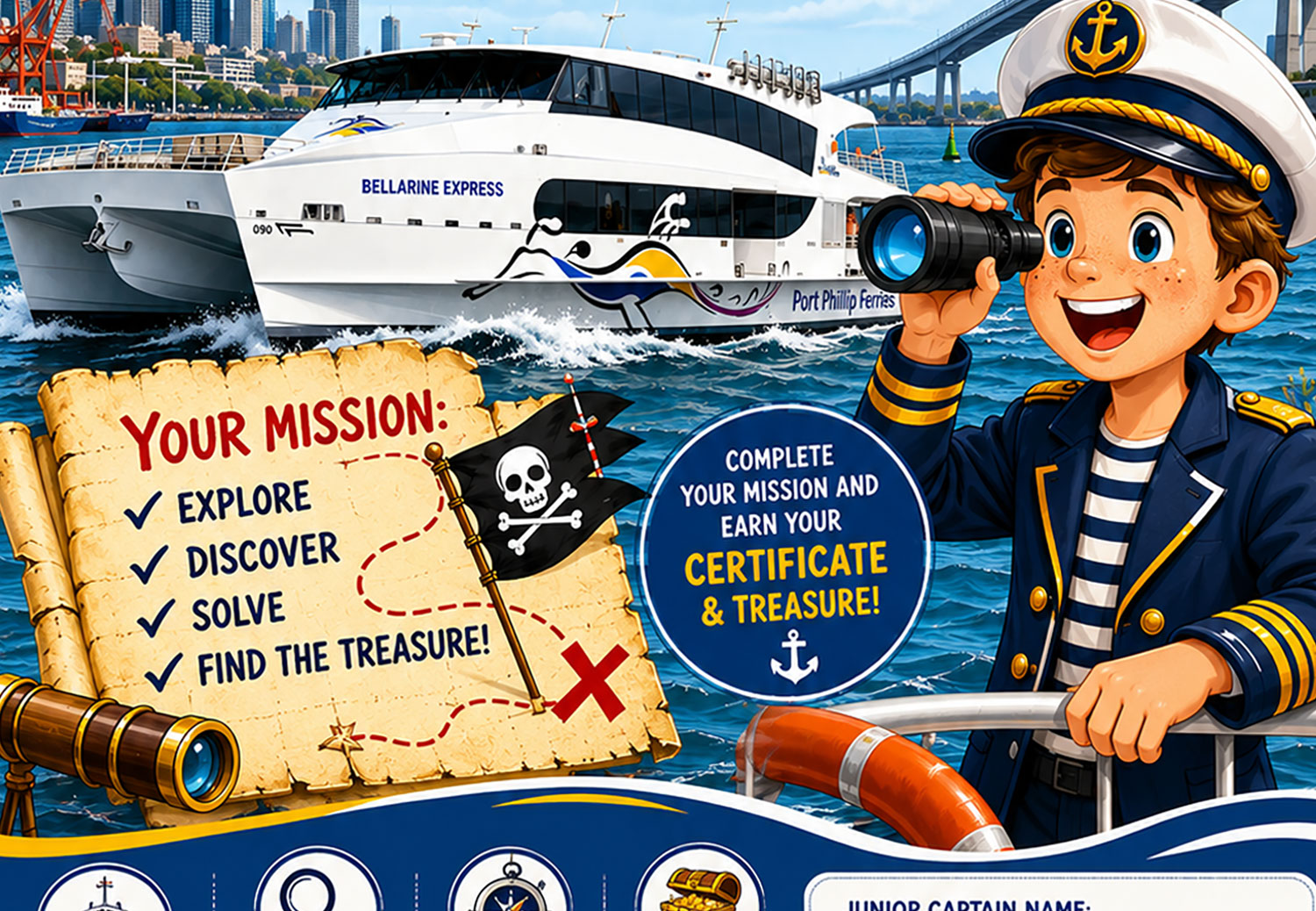 Cartoon sailor boy with cruise ship and treasure map themed mission list.