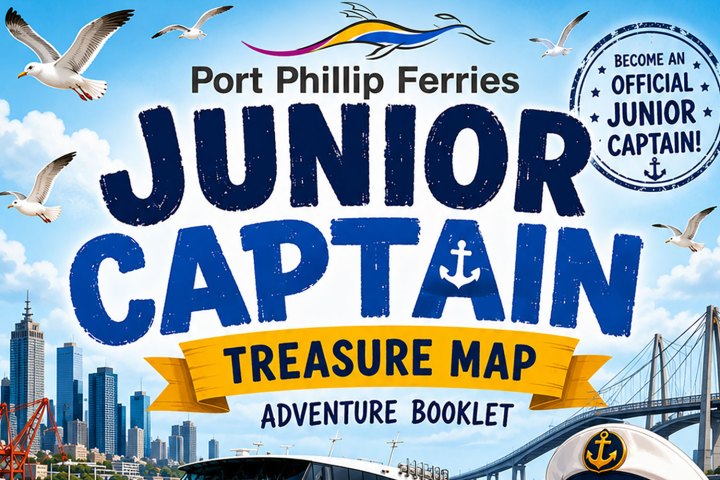 Port Phillip Ferries Junior Captain Adventure Booklet cover with seagulls and cityscape.