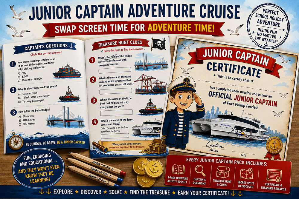 Colorful adventure cruise poster with games, captain certificate, and cartoon character.