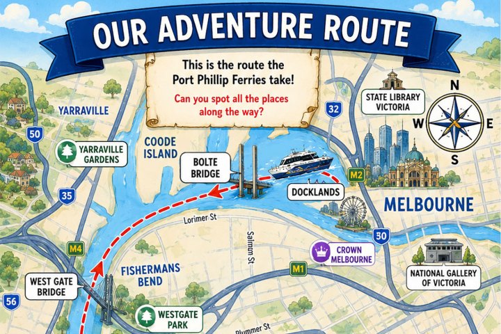 Illustrated map of Port Phillip Ferries route, featuring landmarks and a compass rose.