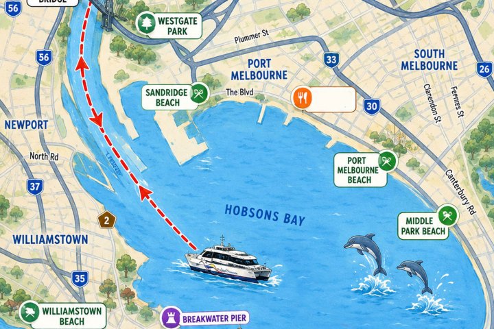 Map of Hobsons Bay with ferry route, parks, beaches, and dolphins.