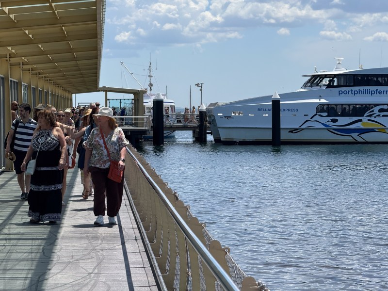 People walking on a pier near a moored ferry under a partly cloudy sky.