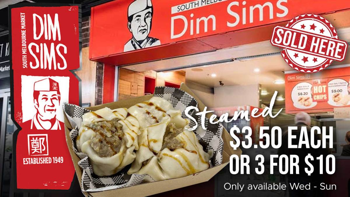 Dim Sims store with sign, basket of dim sims, price details for $3.50 each or 3 for $10.