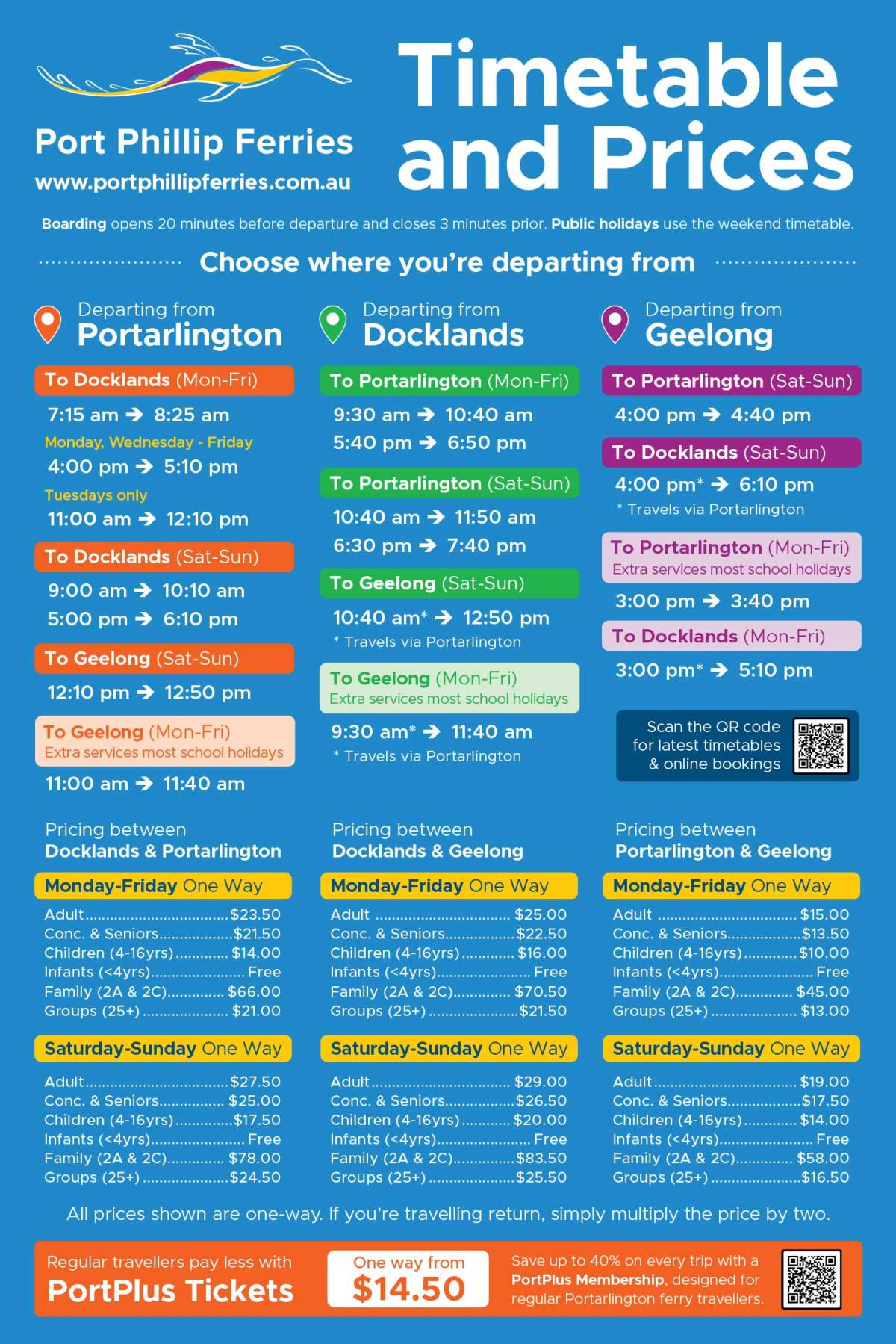 Colorful ferry timetable and pricing chart for different routes and days.