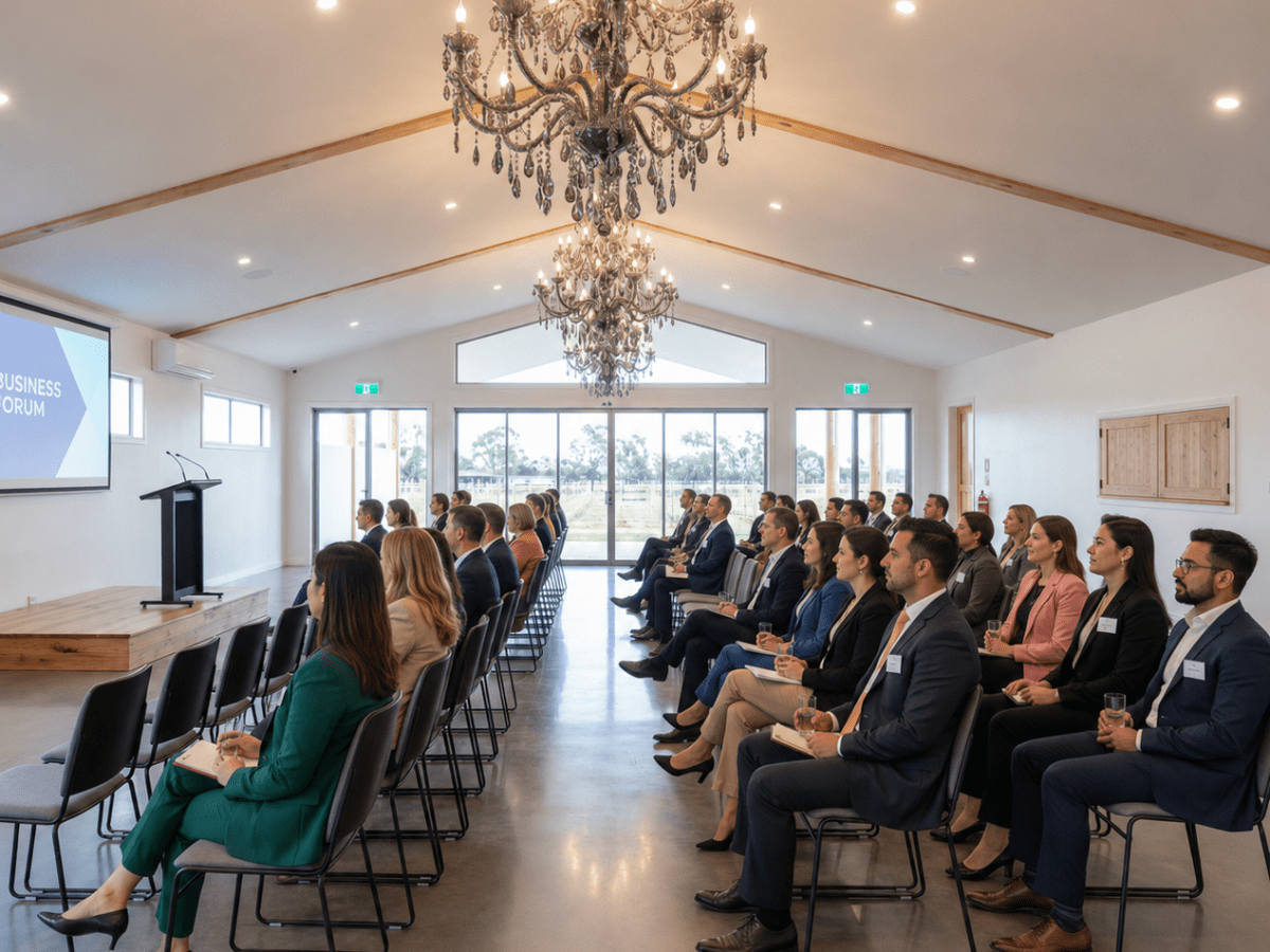 People in business attire seated in a conference room with chandeliers, facing a screen.