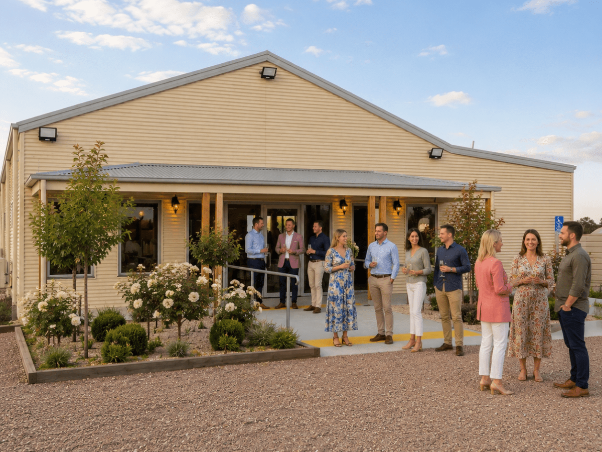 People gathering outside a modern building with plants and clear sky.