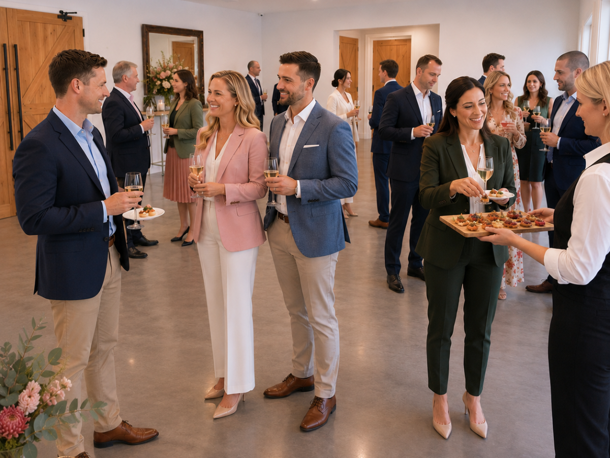 People in formal attire networking at an indoor social event.