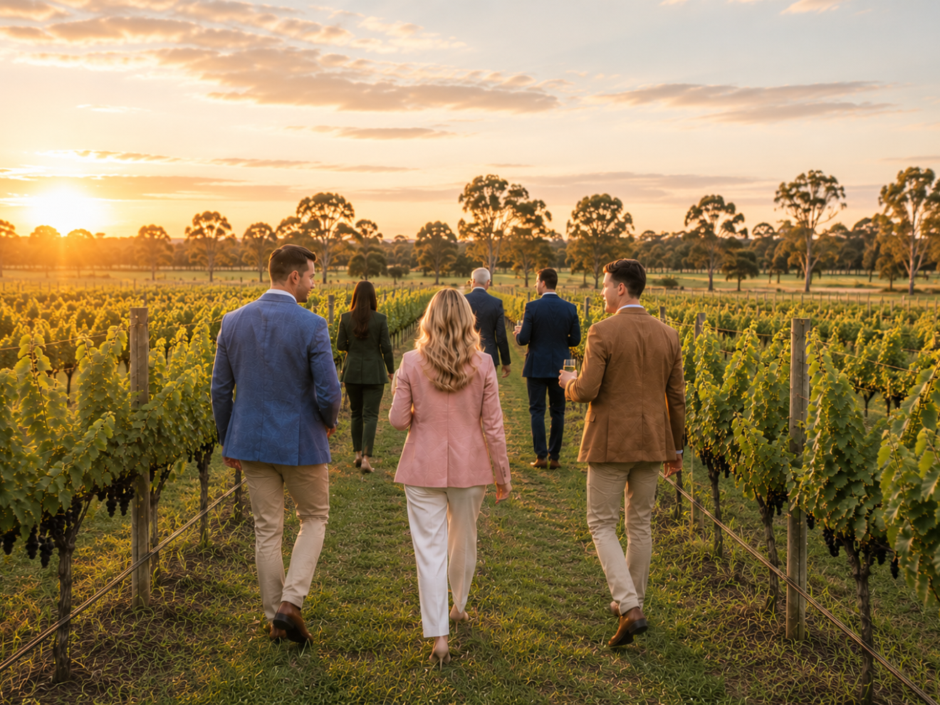 Group walking through vineyard at sunset.