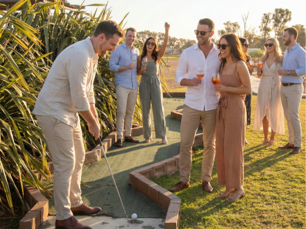 People playing mini-golf outdoors, man taking a shot, others watching and holding drinks.