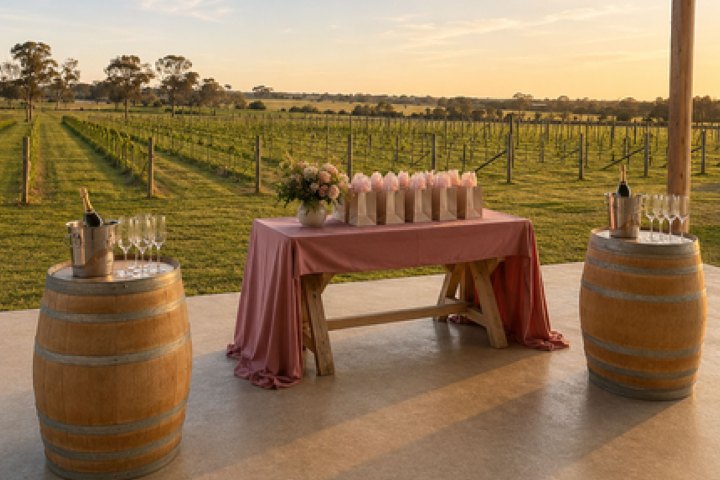 Outdoor vineyard setup with pink tablecloth, wine glasses, and flower centerpiece.