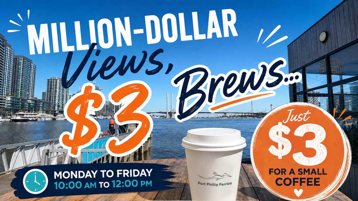 Pier with cityscape, coffee cup, and $3 coffee promo text.
