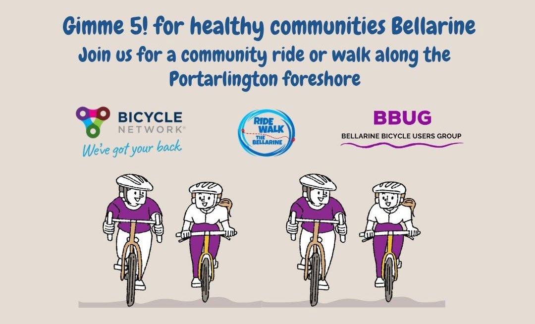 Cyclists in purple jerseys ride together, promoting a community event.