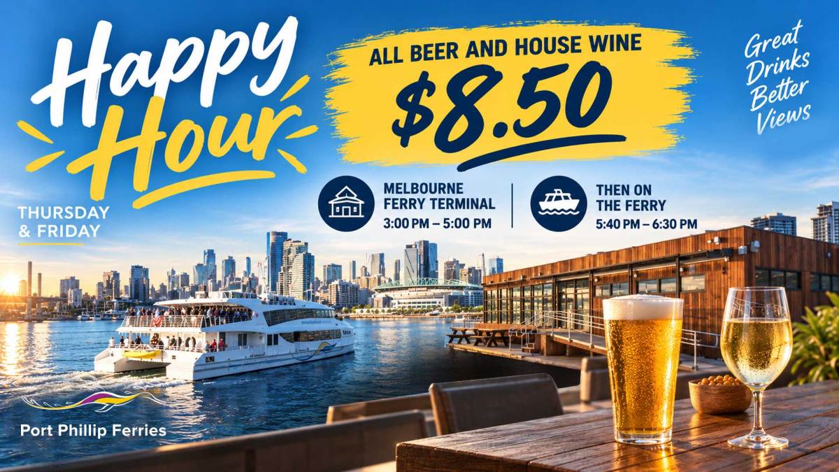 Happy Hour sign with beer, wine, and ferry on a waterfront view.