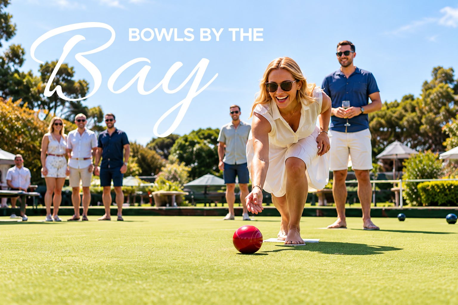Woman playing lawn bowls with a group, text reads 'Bowls by the Bay'.