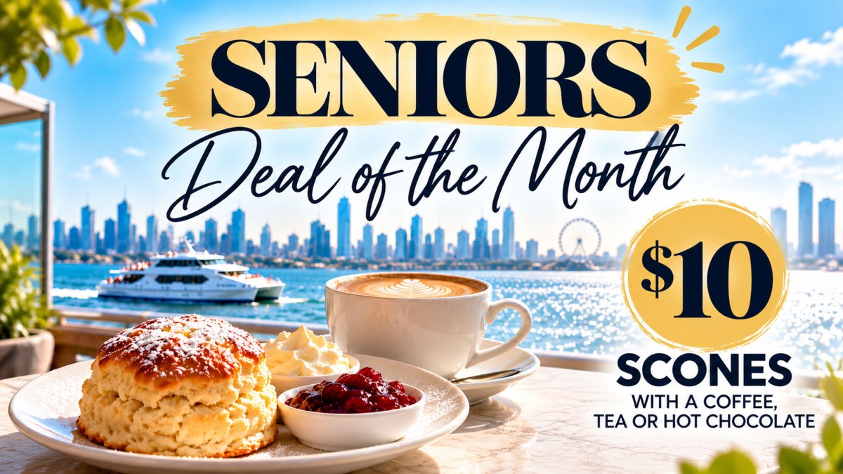 Seniors deal: $10 scones, drink, city skyline and water view.